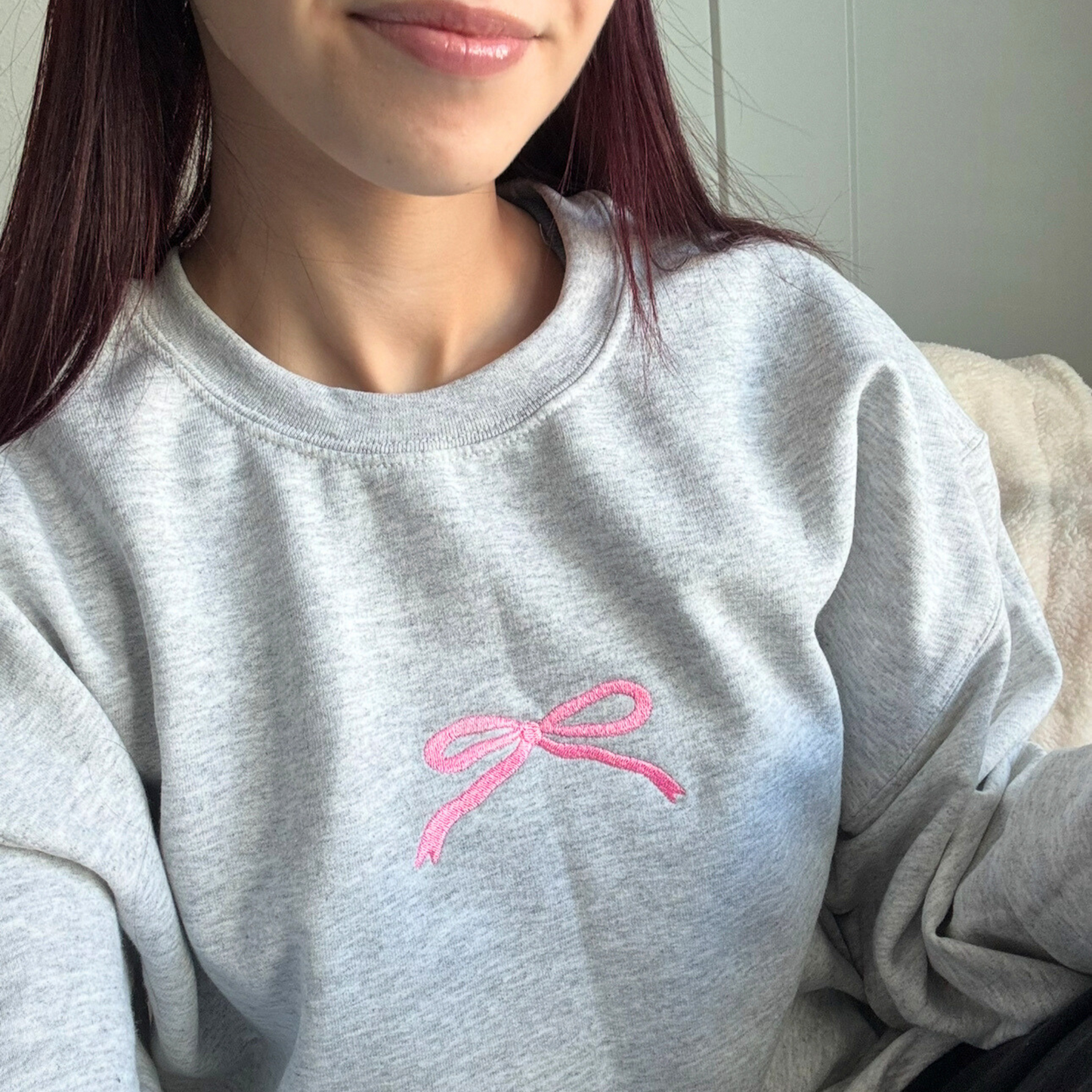 Pink Bow Embroidered Sweatshirt – Coquette Aesthetic, Balletcore, Girly Classic Fit Crewneck